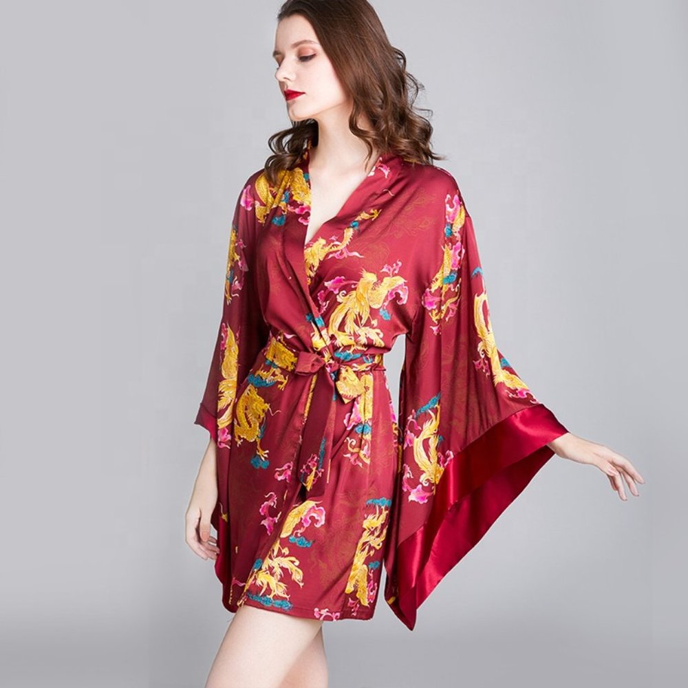 Women Elegant Kimono Robe Satin Dressing Gown
